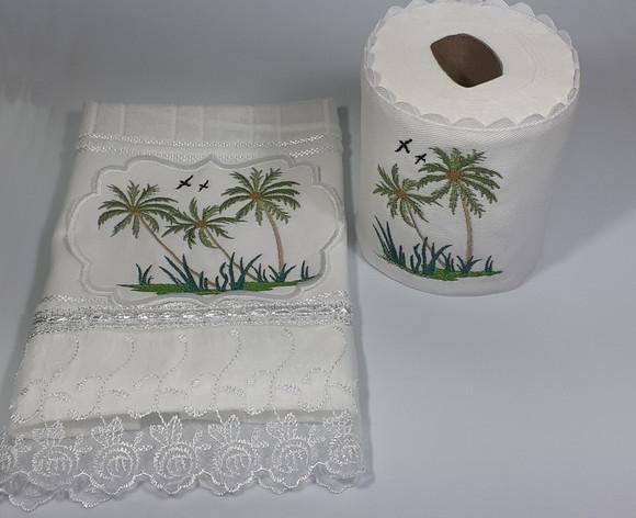 Kit Toalha de Rosto Bordada e Porta Papel Higiênico