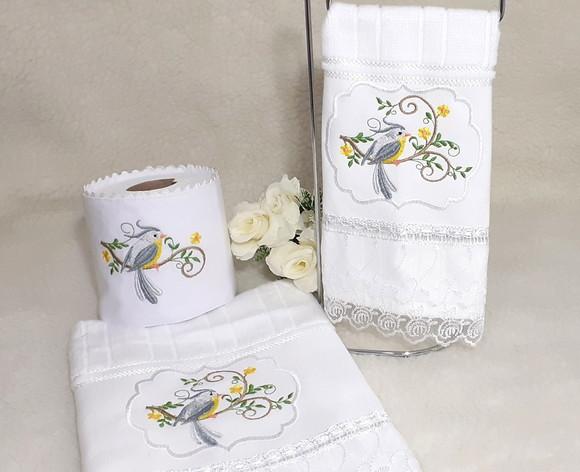 Kit Toalha de Lavabo, Rosto e Porta Papel Higiênico Pássaros