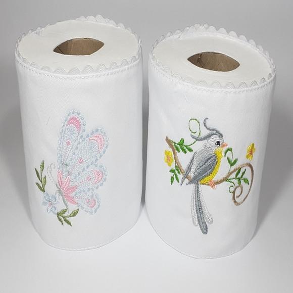 Porta Papel Higiênico Bordado Pássaro e Borboleta 2 Unidades