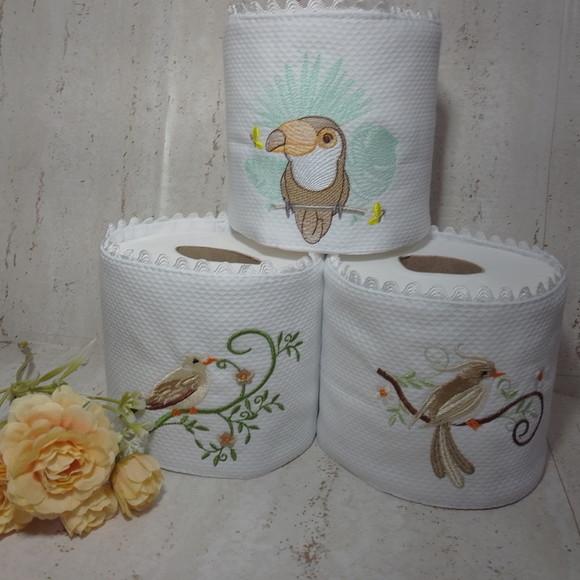 Porta Papel Higiênico Bordado Pássaros Marrons 3 Unidades