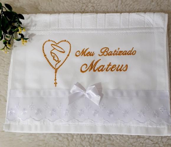 Toalha de Batismo Personalizada Terço Nossa Senhora