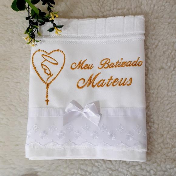 Toalha de Batismo Personalizada Terço Nossa Senhora