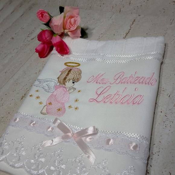 Toalha de Batizado Personalizada Bordada Anjinho
