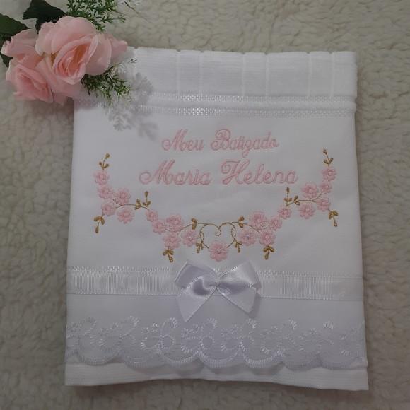 Toalha de Batizado Personalizada Bordada Flores