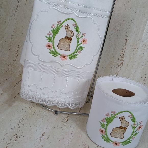 Toalha de Lavabo Bordada e Porta Papel Higiênico