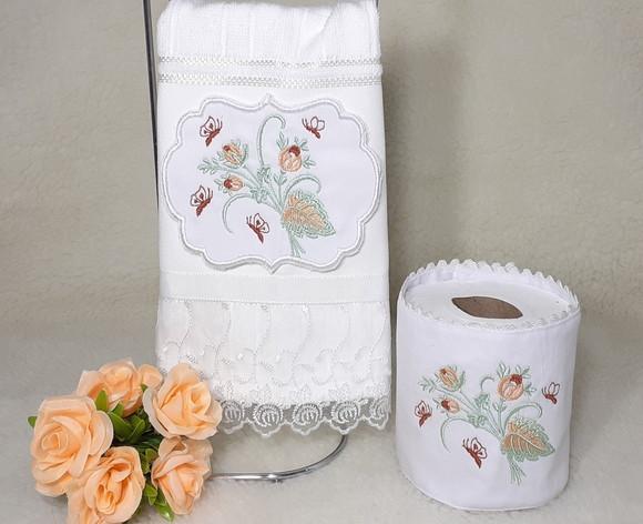Toalha de Lavabo e Porta Papel Higiênico Bordado Borboleta