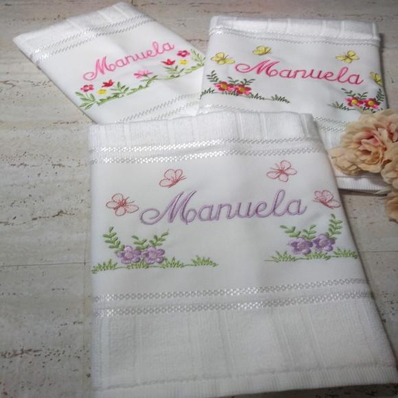 Toalha Escolar Bordada Personalizada Flores 3 Unidades