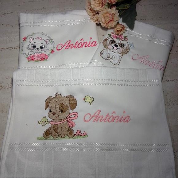 Toalha Escolar Bordada Personalizada Cachorrinho 3 Unidades