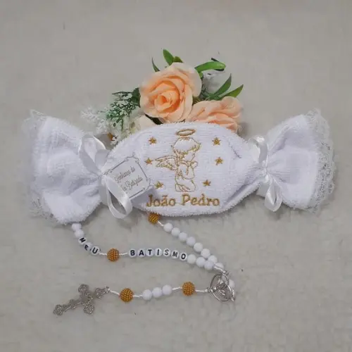 15 Lembrança Batizado Personalizada Anjinho Toalha Bordada