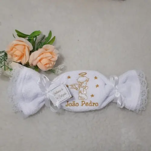 15 Lembrança Batizado Personalizada Anjinho Toalha Bordada