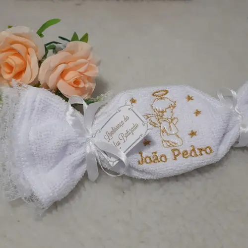 15 Lembrança Batizado Personalizada Anjinho Toalha Bordada