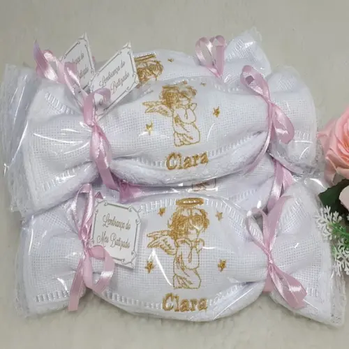 15 Lembrancinha Batizado Personalizada Anjo Toalha Bordada