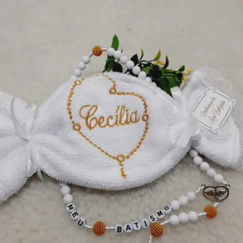 15 Lembrancinha Batizado Personalizada Terço Toalha Bordada