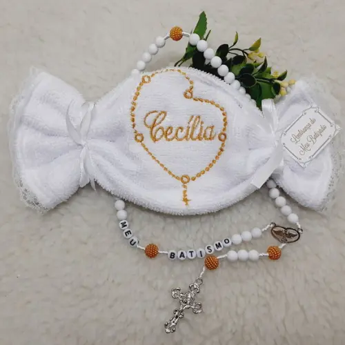 15 Lembrancinha Batizado Personalizada Terço Toalha Bordada