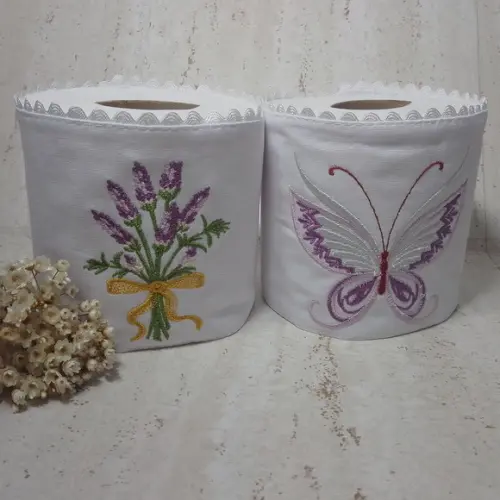 2 Porta Papeis Higiênico Bordado Flor e Borboleta