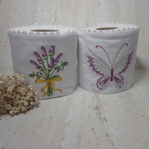 2 Porta Papeis Higiênico Bordado Flor e Borboleta