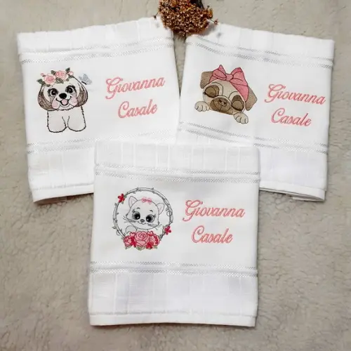 3 Toalhas Escolar Bordada Tema Cachorrinho