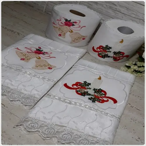 Kit Toalha de Lavabo Bordada e Porta Papel Higiênico Natal