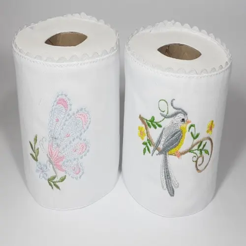 Porta Papel Higiênico Bordado Pássaro e Borboleta 2 Unidades