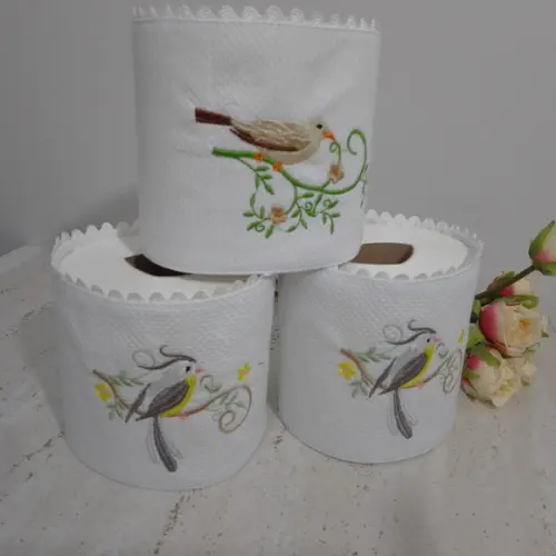 Porta Papel Higiênico Bordado Pássaros 3 Unidades