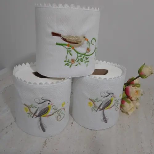 Porta Papel Higiênico Bordado Pássaros 3 Unidades