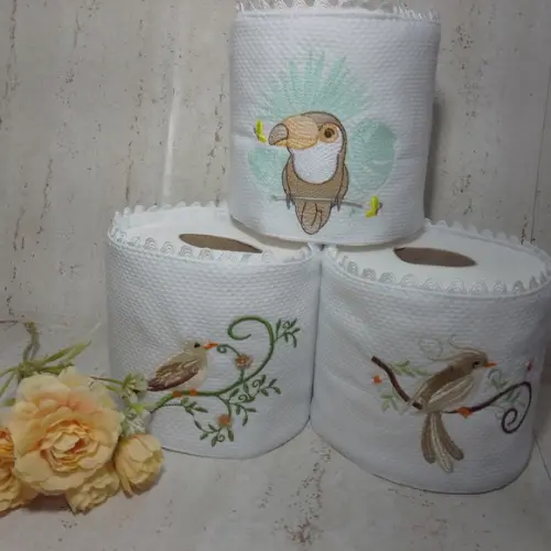 Porta Papel Higiênico Bordado Pássaros Marrons 3 Unidades