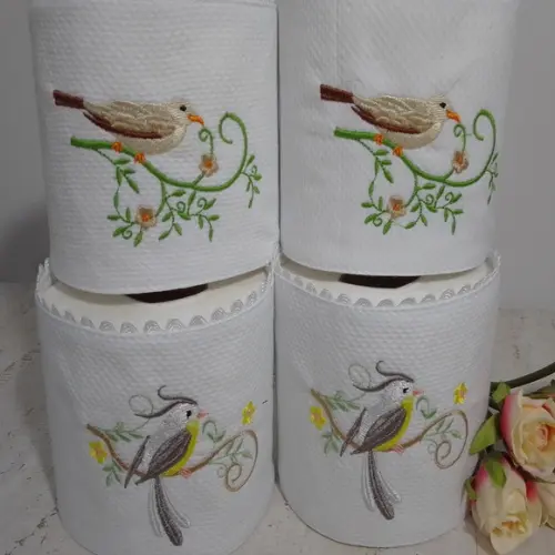 Porta Papel Higiênico Bordado Pássaros 4 Unidades