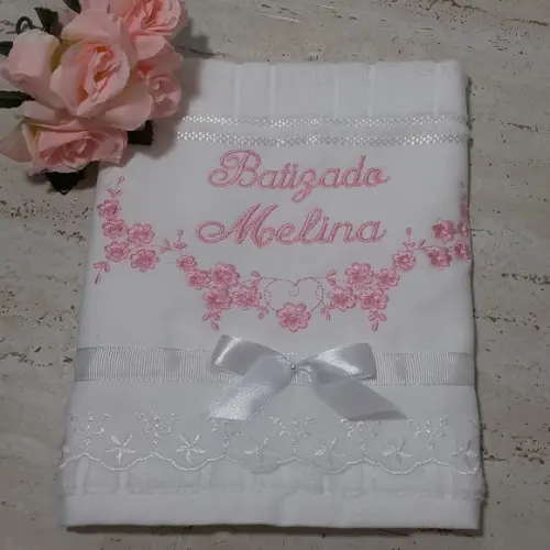 Toalha de Batismo Flores Rosa