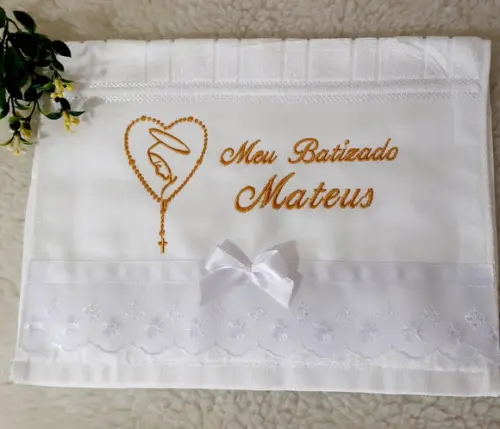 Toalha de Batismo Personalizada Terço Nossa Senhora