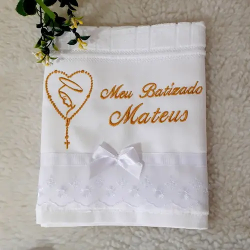 Toalha de Batismo Personalizada Terço Nossa Senhora