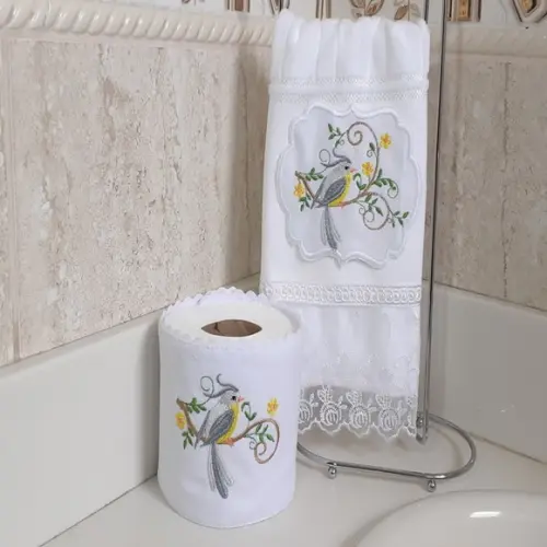 Toalha de Lavabo e Porta Papel Higiênico Bordado Pássaros