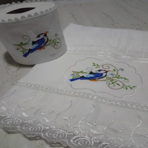 Toalha de Rosto e Porta Papel Higiênico Pássaro