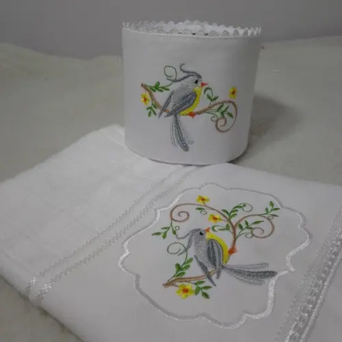 Toalha de Rosto e Porta Papel Higiênico Pássaros