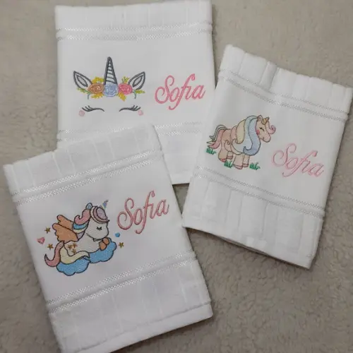 Toalha Escolar Bordada Personalizada Unicórnio Kit 8 Peças
