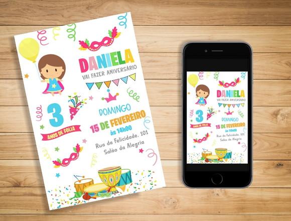 Convite Bloquinho de Carnaval Garotinha Carnaval Infantil
