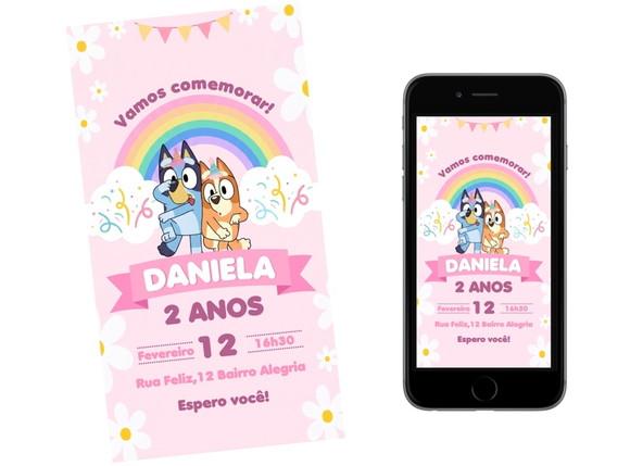 Convite Rosa Bluey e Bingo Aquarelado