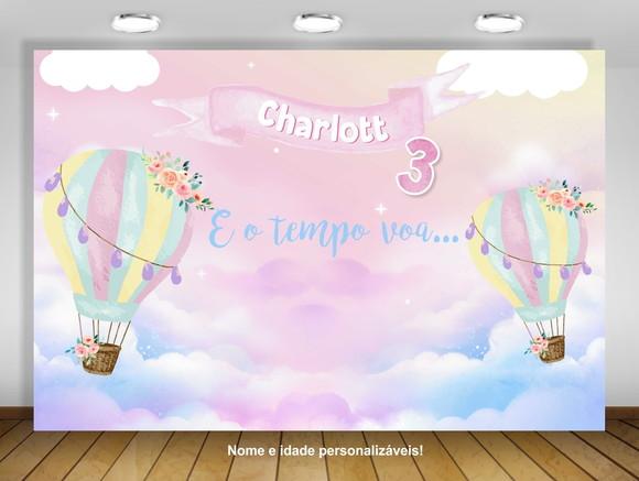 Painel de Festa Balão Quente Arco-íris Céu Aquarelado 2x1,50