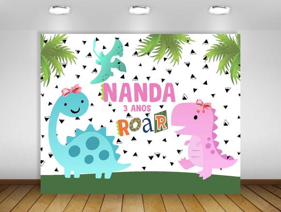 Painel de festa Dinossauro Menina Rosa