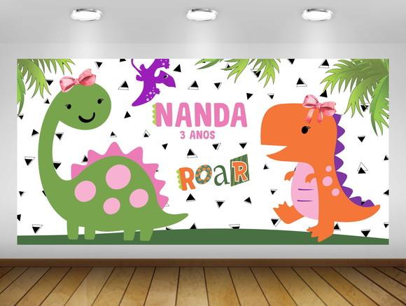 Painel de festa Dinossauro Menina Rosa