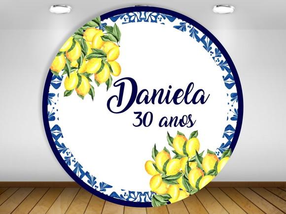 Painel de Festa Floral Azul com Amarelo e Limão Siciliano 1m