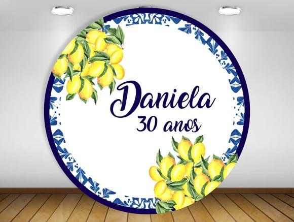 Painel de Festa Floral Azul com Amarelo e Limão Siciliano