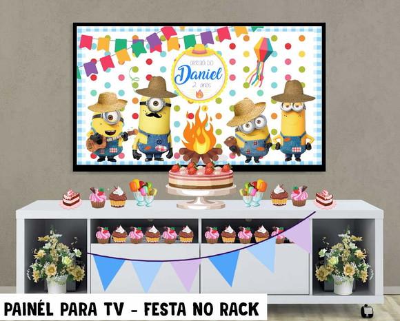Painel de Festa para TV Minions Festa no Rack - Digital