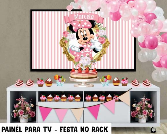 Painel de Festa para TV Minnie Rosa Festa no Rack - Digital