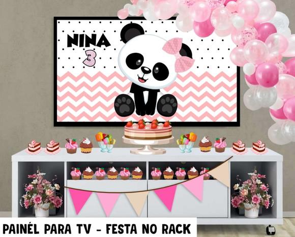 Painel de Festa para TV Panda rosa Festa no Rack - Digital