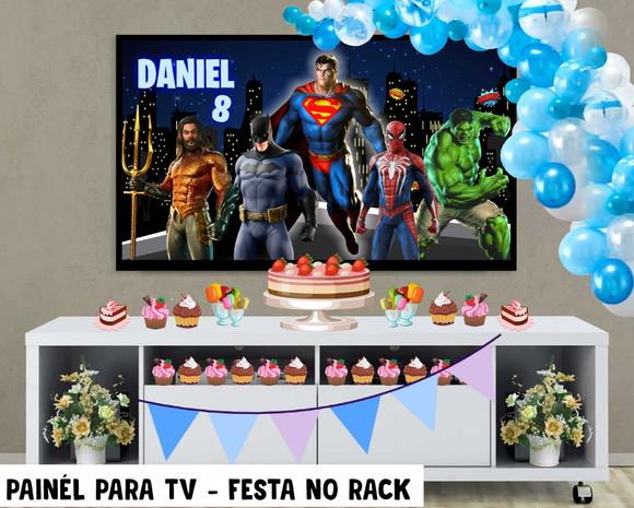 Painel de Festa para TV Super heróis Festa no Rack - Digital