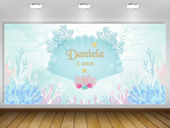 Painel de festa Sereia concha aquarelado