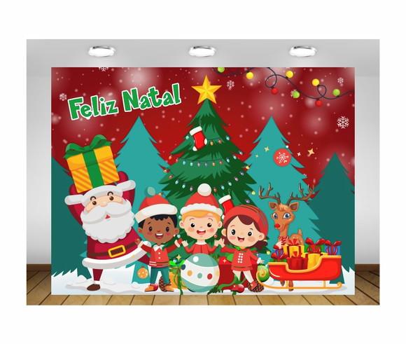 Painel de Natal Feliz Natal Papai Noel e as Crianças 1,50x1m