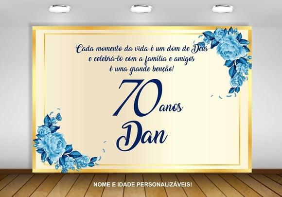 Painel Floral 40 50 60 70 Anos Dourado Azul 1,50x1m