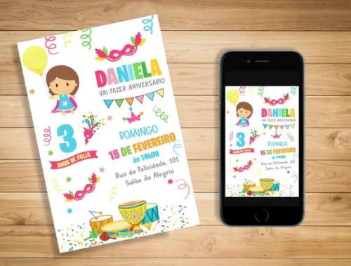 Convite Bloquinho de Carnaval Garotinha Carnaval Infantil