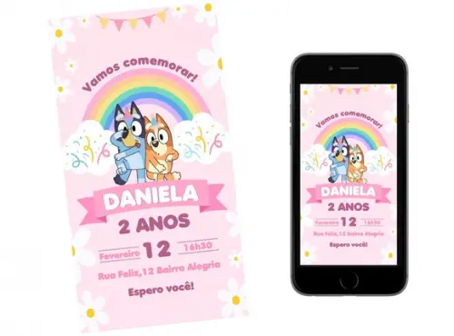 Convite Rosa Bluey e Bingo Aquarelado